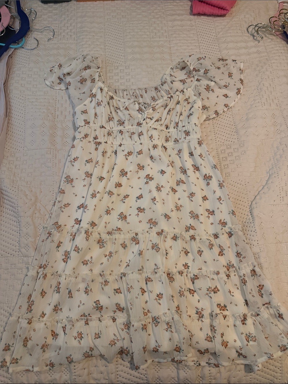 Floral Ruffle Mini Dress - White with Peach Floral